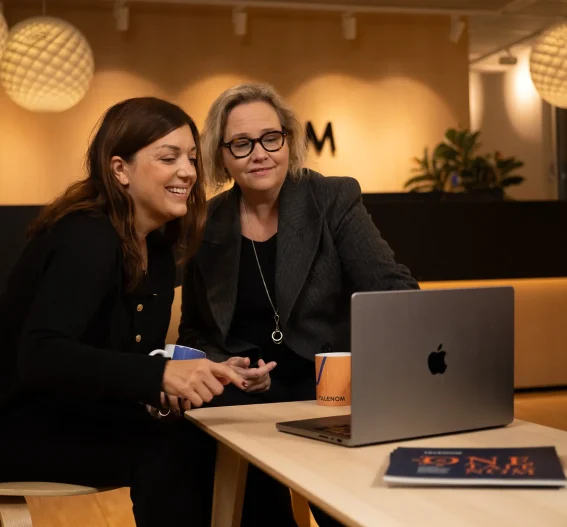 Två personer i rådgivningsmöte framför laptop, symboliserar ekonomisk rådgivning, samarbete och stöd i strategiska företagsbeslut.